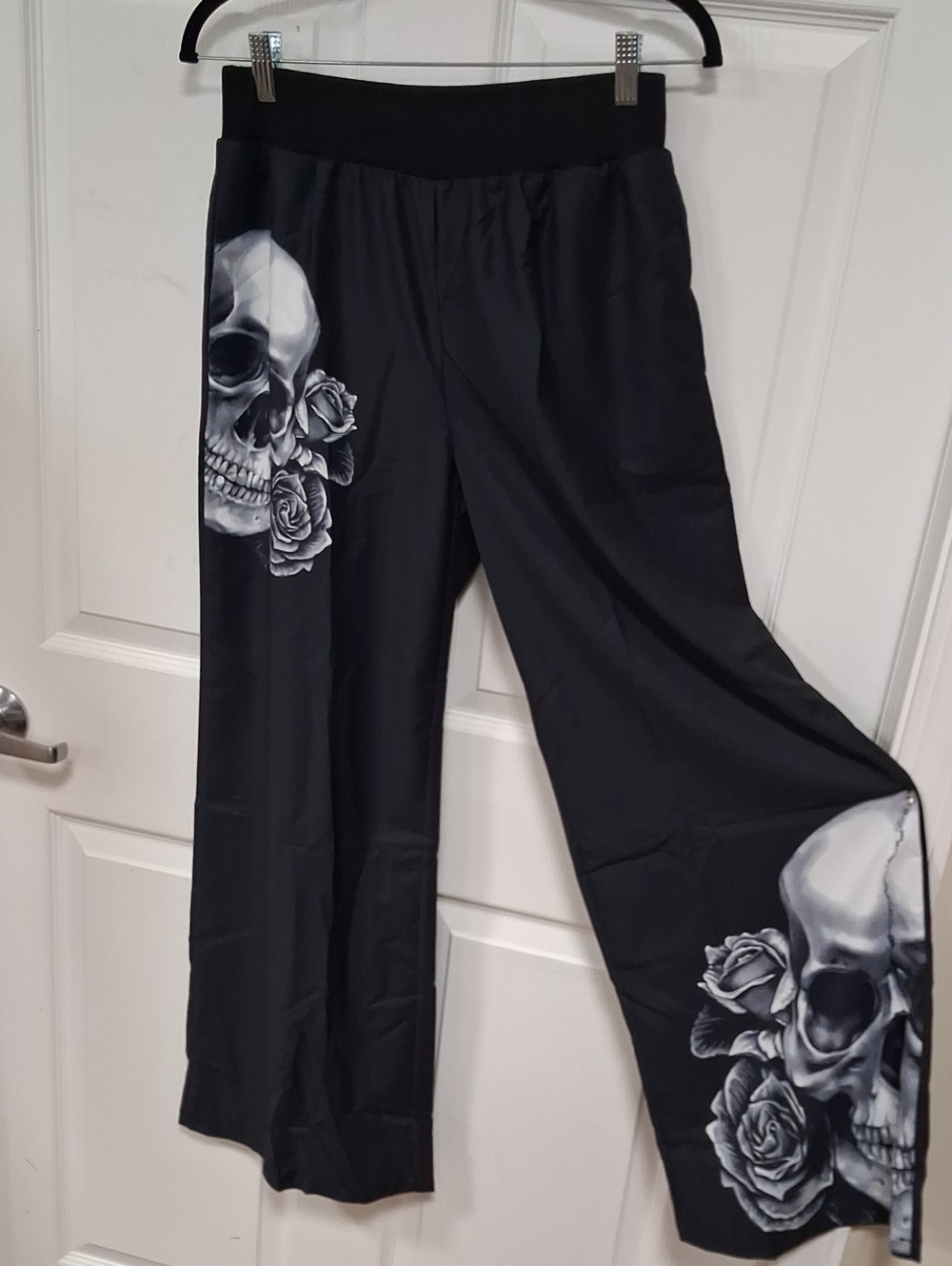 Black Wide-Leg Pants with Skull & Rose Graphic